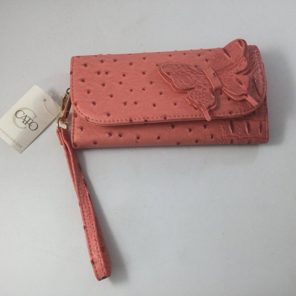 Wristlet Wallet Pink Faux Ostrich Embossed Leather 3D Butterfly